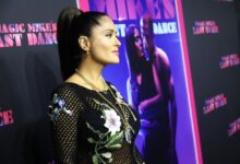 Salma Hayek wore a tight mesh dress and left her underwear in plain sight. The actress appeared with Channing Tatum at the premiere of "Magic Mike's Last Dance" in Miami.