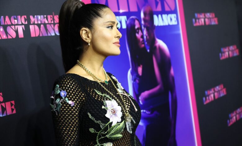 Salma Hayek wore a tight mesh dress and left her underwear in plain sight. The actress appeared with Channing Tatum at the premiere of "Magic Mike's Last Dance" in Miami.