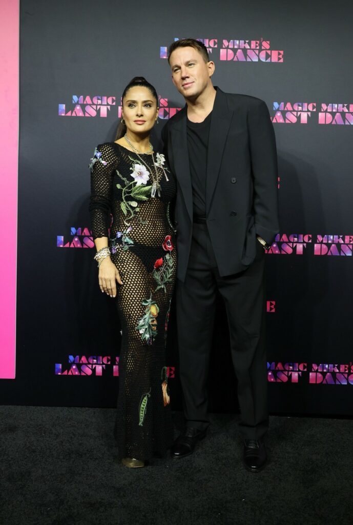 Salma Hayek and Channing Tatum on the red carpet at the premiere of Magic Mike's Last Dance.